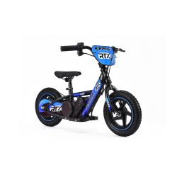 Bicicletă electrică pentru copii TRYBIKE RTX3 24V (12"), albastru, baterie litiu, motor 100W, frână disc, Scaun reglabil din PU moale