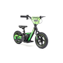 Bicicletă electrică de echilibru pentru copii TRYBIKE RTX3 24V (12"), verde, baterie litiu, motor 100W, frână disc, Scaun reglabil din PU moale