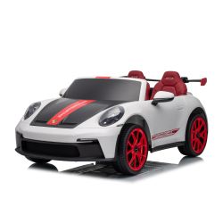 Mașinuță electrică de jucărie Porsche 911 GT3 RS 24V cu tracțiune 4x4, albă, scaune din imitație de piele, telecomandă 2.4 GHz, intrare USB/AUX, motoare 200W, jante EVA moi, suspensie, baterie litiu, lumini LED față și spate, înmatriculare ORIGINALĂ