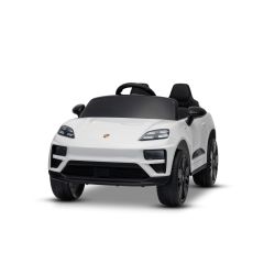 Mașinuță electrică de jucărie Porsche Macan 12V cu tracțiune spate și licență (un singur loc), alb, baterie litiu, scaun lat, axe cu suspensii, telecomandă 2,4 GHz, player MP3 cu intrare USB/AUX, lumini LED
