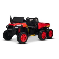 Tractor electric de fermă RIDER 6X6 24V cu tracțiune integrală 4X 200W, cu două locuri, roșu, baterie litiu, roți EVA, scaun dublu din imitație de piele, axe cu suspensii, telecomandă 2.4 GHz, player MP3 cu intrare USB/AUX, Bluetooth