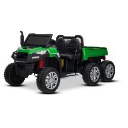 Tractor electric de fermă RIDER 6X6 24V cu tracțiune integrală 4X 200W, cu două locuri, verde, baterie litiu, roți EVA, scaun dublu din imitație de piele, axe cu suspensii, telecomandă 2.4 GHz, player MP3 cu intrare USB/AUX, Bluetooth