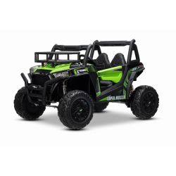 Mașină electrică pentru copii UTV 24V, verde, două locuri, motor 2 x 200 W, Baterie litiu, roți EVA, osii cu arcuri, frână electrică, scaun tapițat, 2.4 GHz DO, două locuri, USB, AUX