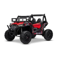 Mașină electrică pentru copii UTV 24V, roșie, două locuri, motor 2 x 200 W, Baterie litiu, roți EVA, osii cu arcuri, frână electrică, scaun tapițat, 2.4 GHz DO, două locuri, USB, AUX