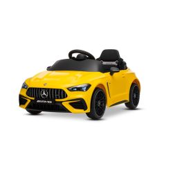 Mașinuță electrică de jucărie Mercedes CLE 12V cu tracțiune spate, galben, scaun individual, baterie litiu, lumini LED, scaun lat, telecomandă 2.4 GHz, player MP3 cu intrare USB/AUX și conexiune Bluetooth, licență ORIGINALĂ