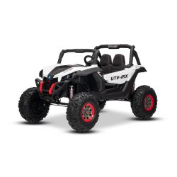 Mașinuță electrică de jucărie NEW RSX 24V, alb, tracțiune 4x4, baterie litiu, roți EVA, suspensii, scaun din piele artificială cu două locuri, telecomandă, player MP3 cu intrare USB/AUX 