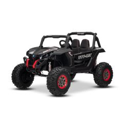 Mașinuță electrică de jucărie NEW RSX 24V, albastru, tracțiune 4x4, baterie litiu, roți EVA, suspensii, scaun din piele artificială cu două locuri, telecomandă, player MP3 cu intrare USB/AUX 