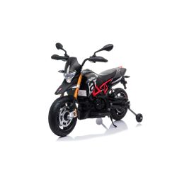 Motocicletă electrică copii APRILIA DORSODURO 900, Licențiată, baterie 12V, roți EVA moi, 2 x 18W Motoare, Suspensie, cadru metalic, furcă metalică, roți auxiliare, negru