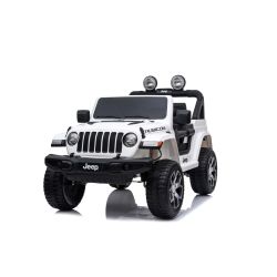 Mașinuță electrică pentru copii JEEP Wrangler, Alb, scaun din piele, Radio cu intrare Bluetooth și USB, unitate 4x4, baterie cu litiu, roți EVA, suspensii spate, telecomandă de 2,4 GHz, comutator funcție telecomandă/ pedală, licențiat