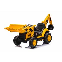 Excavator electric Caterpillar model cu licență cu cupă de excavare față și spate, scaun unic, galben, intrare USB pentru player MP3, tracțiune spate cu 2 motoare de 30 W și baterie litiu