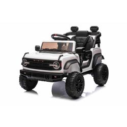 Mașina electrica copii Ford Bronco cu tracțiune spate cu licență (un singur loc), alb, baterie litiu, șasiu înalt, scaun lat, axă suspensie spate, telecomandă 2,4 GHz, player MP3 cu intrare USB, lumini LED