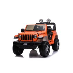 Mașinuță electrică pentru copii JEEP Wrangler, Portocaliu, scaun din piele, Radio cu intrare Bluetooth și USB, unitate 4x4, baterie cu litiu, roți EVA, suspensii spate, telecomandă de 2,4 GHz, comutator funcție telecomandă/ pedală, licențiat