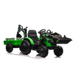 Tractor electric TOP-WORKER 12V cu cupă și remorcă, verde, Scaun simplu, moale din PU, MP3 Player cu intrare USB, Tracțiune spate, Motor 2 x 45W, roți EVA, Baterie litiu, Teldecomandă