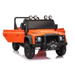 Maşinuţa electrica copii Land Rover Defender 110 SVX 12V, portocaliu, tracțiune 4X4, lumini LED, suspensii față și spate, telecomandă 2.4 GHz, intrare USB/Aux, Bluetooth, baterie litiu, motor 4 X 25W, licență ORIGINALĂ