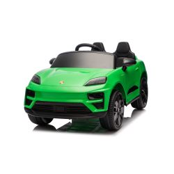 Mașinuță electrică de jucărie Porsche Macan 12V cu tracțiune spate și licență (un singur loc), verde, baterie litiu, scaun lat, axe cu suspensii, telecomandă 2,4 GHz, player MP3 cu intrare USB/AUX, lumini LED
