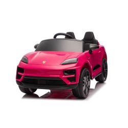 Mașinuță electrică de jucărie Porsche Macan 12V cu tracțiune spate și licență (un singur loc), roz, baterie litiu, scaun lat, axe cu suspensii, telecomandă 2,4 GHz, player MP3 cu intrare USB/AUX, lumini LED