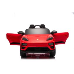 Mașinuță electrică de jucărie Porsche Macan 12V cu tracțiune spate și licență (un singur loc), roșu, baterie litiu, scaun lat, axe cu suspensii, telecomandă 2,4 GHz, player MP3 cu intrare USB/AUX, lumini LED
