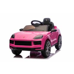 Mașinuță electrică copii Porsche Cayenne 12V cu tracțiune spate și licență origianlă, un singur loc, roz, baterie litiu, scaun lat, axe cu suspensii, telecomandă 2.4 GHz, player MP3 cu intrare USB/AUX, lumini LED