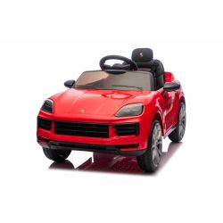 Mașinuță electrică copii Porsche Cayenne 12V cu tracțiune spate și licență origianlă, un singur loc, roșu, baterie litiu, scaun lat, axe cu suspensii, telecomandă 2.4 GHz, player MP3 cu intrare USB/AUX, lumini LED