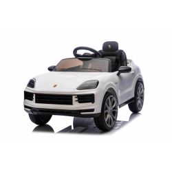 Mașinuță electrică copii Porsche Cayenne 12V cu tracțiune spate și licență origianlă, un singur loc, alb, baterie litiu, scaun lat, axe cu suspensii, telecomandă 2.4 GHz, player MP3 cu intrare USB/AUX, lumini LED