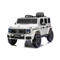 Mașinuță electrică de jucărie Mercedes G580 12V, albă, telecomandă 2.4 GHz, Bluetooth, intrare USB / SD, baterie litiu, lumini LED, înmatriculare ORIGINALĂ