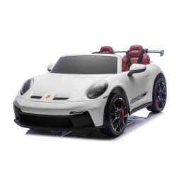 Mașină electrică copii Porsche 911 GT3 24V cu tracțiune 4x4, alb, scaun cu două locuri, telecomandă 2.4 GHz, intrare USB/AUX, motoare 200W, suspensie, baterie litiu, lumini LED față și spate, licență ORIGINALĂ