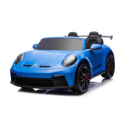 Mașină electrică copii Porsche 911 GT3 24V cu tracțiune 4x4, albastru, scaun cu două locuri, telecomandă 2.4 GHz, intrare USB/AUX, motoare 200W, suspensie, baterie litiu, lumini LED față și spate, licență ORIGINALĂ