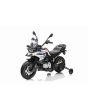 Motocicletă electrică BMW F850 GS, Licențiat, baterie 12V, roți moi EVA, motor 2 x 35W, lumini LED, roți auxiliare, alb