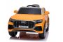 Mașinuă electrică copii Audi Q8, portocaliu, licențiat, scaun din piele, deschidere uși, motor 2 x 25W, baterie 12 V, telecomandă 2,4 Ghz, roți EVA moi, lumini LED, pornire lină, licență ORIGINALĂ