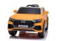 Mașinuă electrică copii Audi Q8, portocaliu, licențiat, scaun din piele, deschidere uși, motor 2 x 25W, baterie 12 V, telecomandă 2,4 Ghz, roți EVA moi, lumini LED, pornire lină, licență ORIGINALĂ