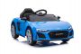Noua mașină electrică pentru copii Audi R8 Spyder, scaun din plastic, roți din plastic, intrare USB / SD, baterie 12V, MOTOR 2 X 25W, albastru, licență ORIGINALĂ