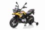 Motocicletă electrică BMW F850 GS, Licențiat, baterie 12V, roți moi EVA, motor 2 x 35W, lumini LED, roți auxiliare, galben