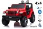 Mașinuță electrică pentru copii JEEP Wrangler, Roșu, scaun din piele, Radio cu intrare Bluetooth și USB, unitate 4x4, baterie de 12V10Ah, roți EVA, suspensii spate, telecomandă de 2,4 GHz, licențiat