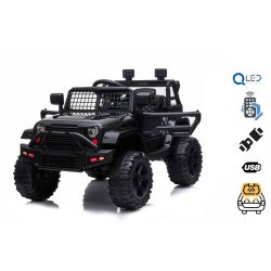 Mașină electrică copii OFF ROAD cu tracțiune pe roți din spate, negru, baterie 12V, șasiu înalt, scaun larg, osii suspendate, telecomandă de 2,4 GHz, player MP3 cu intrare USB, lumini LED