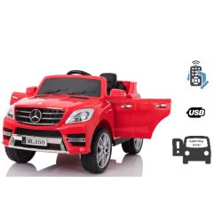 Mașină electrică copii Mercedes-Benz ML 350, Roșie, licență originală,  uși care se deschid, Scaun din plastic, 2x motoare, baterie de 12V, telecomandă 2,4 Ghz, pornire ușoară, amortizoare