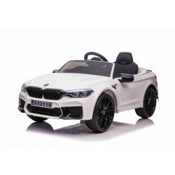 Mașină electrică de jucărie BMW M5 24V, alb, roți moi EVA, Motoare: 2 x 24V, Capacitate baterie 24V, Lumini LED, Telecomandă 2,4 GHz, MP3 Player, Scaun din poliuretan moale, Licență ORIGINALĂ