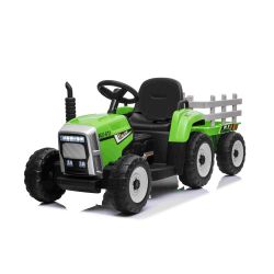 Tractor electric copii cu remorcă WORKERS, verde, tracțiune spate, baterie de 12V, scaun lat, telecomandă de 2,4 GHz, player MP3 cu port USB, lumini LED