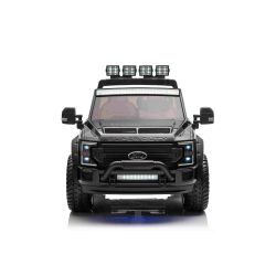 Mașină electrică pentru copii Ford Super Duty 24V negru, două locuri, tracțiune 4X4, motoare performante 24V, baterie portabilă, roți duble EVA spate, scaun din plastic, telecomandă 2,4 GHz, rampă lumină cu LED, MP3 player intrare USB, licență ORIGINALĂ