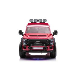 Mașină electrică pentru copii Ford Super Duty 24V roșu, două locuri, tracțiune 4X4, motoare performante 24V, baterie portabilă, roți duble EVA spate, scaun din plastic, telecomandă 2,4 GHz, rampă lumină cu LED, MP3 player intrare USB, licență ORIGINALĂ