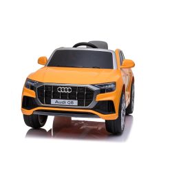 Mașinuă electrică copii Audi Q8, portocaliu, licențiat, scaun din piele, deschidere uși, motor 2 x 25W, baterie 12 V, telecomandă 2,4 Ghz, roți EVA moi, lumini LED, pornire lină, licență ORIGINALĂ