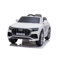 Mașină electrică copii Audi Q8, alb, licențiat, scaun din piele, deschidere uși, motor 2 x 25W, baterie 12 V, telecomandă 2,4 Ghz, roți EVA moi, lumini LED, pornire lină, licență ORIGINALĂ