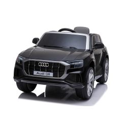 Mașină electrică copii Audi Q8, negru, licențiat, scaun din piele, deschidere uși, motor 2 x 25W, baterie 12 V, telecomandă 2,4 Ghz, roți EVA moi, lumini LED, pornire lină, licență ORIGINALĂ