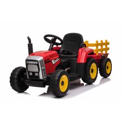 Tractor electric copii cu remorcă WORKERS, roșu, tracțiune spate, baterie de 12V, scaun lat, telecomandă de 2,4 GHz, player MP3 cu port USB, lumini LED