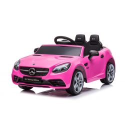 Mașinuță Mercedes-Benz SLC 12V, roz, scaun din piele sintetică, telecomandă 2,4 GHz, intrare USB / AUX, suspensie spate, lumini LED, roți EVA moi, MOTOR 2 X 30 W, licență ORIGINALĂ