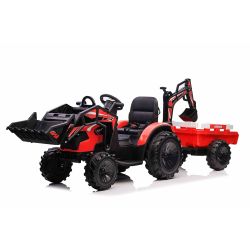 Tractor electric TOP-WORKER 12V cu cupă și remorcă, roșu, Scaun simplu, moale din PU, MP3 Player cu intrare USB, Tracțiune spate, Motor 2 x 45W, roți EVA, baterie 12V / 10Ah, Telecomandă