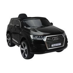 Masinuta electrica pentru copii AUDI Q7 Quattro, Negru, Licență Originală, uși care se deschid, 1 Scaun, 2 x Motoare, Baterie 12V, Telecomandă 2,4 Ghz, roți moi EVA, Pornire lină