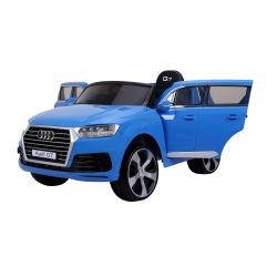 Mașină electrică copii AUDI Q7 Quattro, Albastru, Licență Originală, uși care se deschid, 1 Scaun, 2 x Motoare, Baterie 12V, Telecomandă 2,4 Ghz, roți moi EVA, Pornire lină