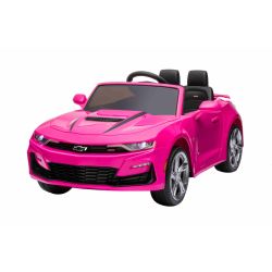 Mașină electrică pentru copii Chevrolet Camaro 12V, roz, telecomandă 2,4 GHz, uși cu deschidere, roți EVA, lumini LED, scaun din piele, 2 X MOTOR, intrare USB/SD, licență ORIGINALĂ