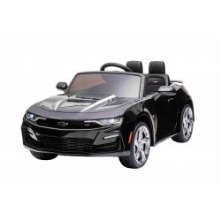Mașină electrică pentru copii Chevrolet Camaro 12V, negru, telecomandă 2,4 GHz, uși cu deschidere, roți EVA, lumini LED, scaun din piele, 2 X MOTOR, intrare USB/SD, licență ORIGINALĂ