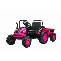 Tractor electric pentru copii POWER cu remorcă, roz, tracțiune spate, baterie de 12V, roți din plastic, scaun larg, telecomandă de 2,4 GHz, MP3 player cu USB, lumini LED